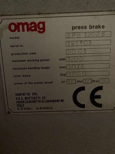 Used 2001 Omag EPB 12026 Hydraulic Downstroking Pressbrake