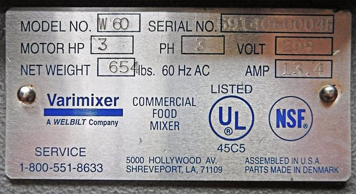 Used WELBILT 60-QUART PLANETARY MIXER, MODEL W60, WITH FULL COMPLEMENT OF ATTACHMENTS