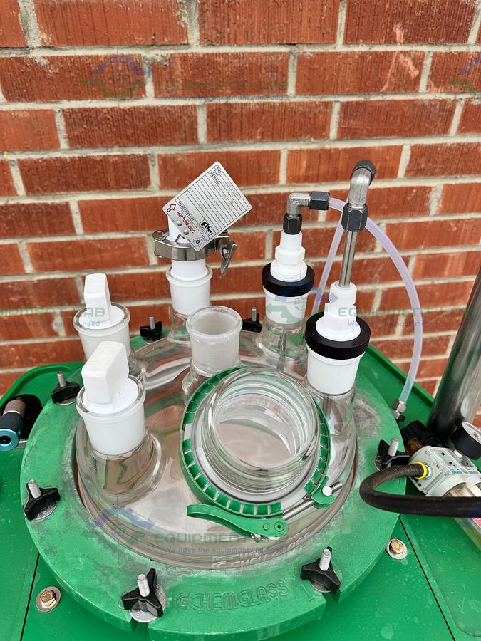 Used Chemglass 50 Liter Jacketed Glass Reactor w/ Chemglass Air Driven Stirrer Motor
