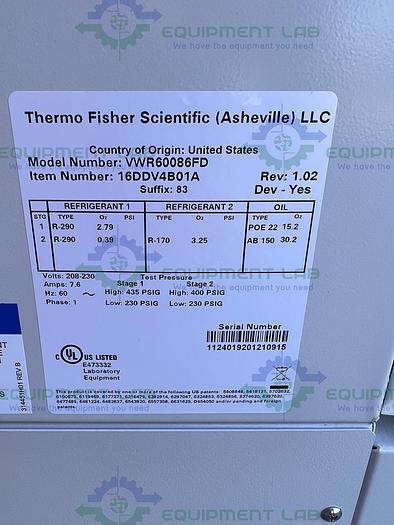 Used Thermo  VWR60086FD Ultra-Low Temperature Freezer -86°C, 28.8 Cu.Ft. 208V MFG 2021