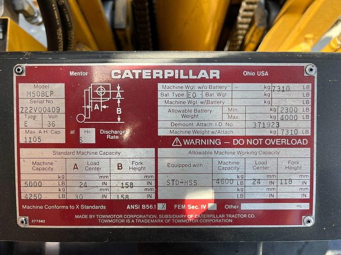 Used Caterpillar 5000# Electric Sit Down Forklift M50BLP / 495R Cushion Tires 120"