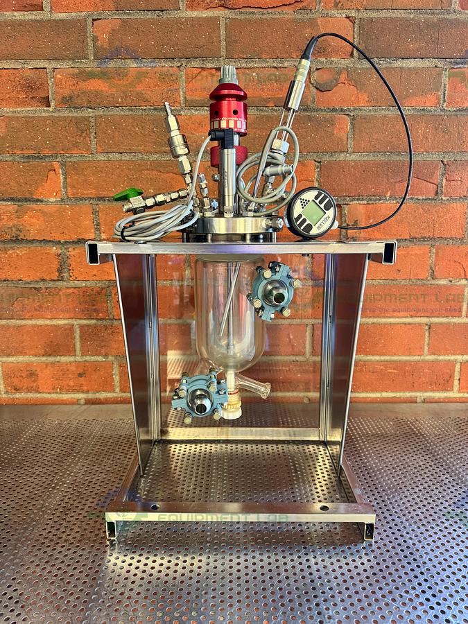 Used BuchiGlasUster Jacketed 0.8 Liter Glass Reactor, 6 Bar w/ Impeller