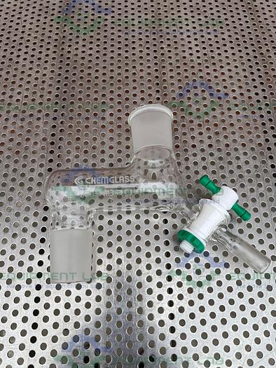 Used Chemglass Distilling Adapter 45/50 Joint w/ 10mm PTFE Stopcock, 3/4" Swagelock
