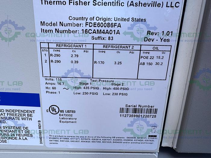 Used Thermo Fisher FDE60086FA Forma FDE Series Ultra Low Freezer  -86°C, 28.8 Cu.Ft.