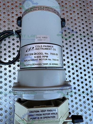 Used Cole Parmer 7553-20 Motor 6-600 RPM w/2- Masterflex 7518-12 Easy Load Pump Head