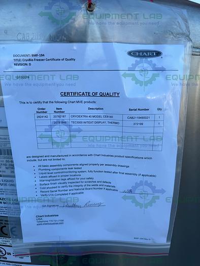 Used Thermo CE8140 CytoExtra 40 High Efficiency Cryogenic Storage System 28.14 cu. ft