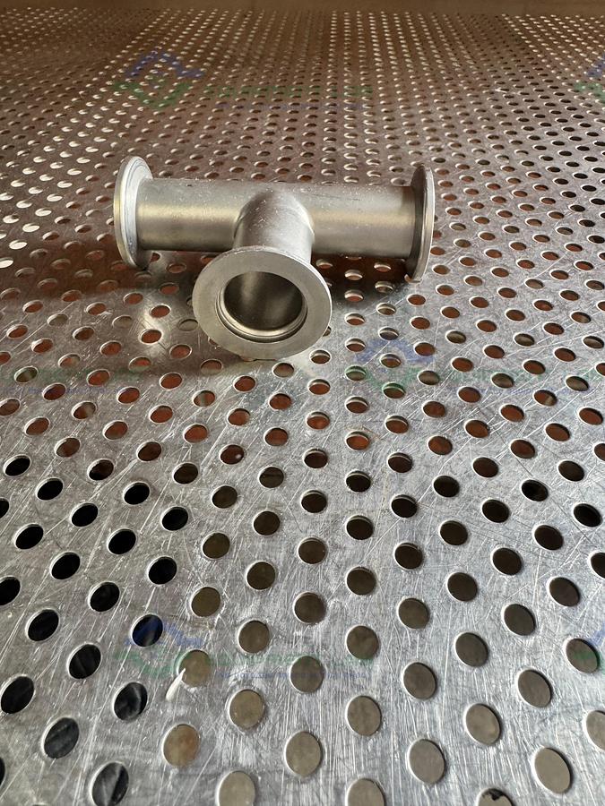 Used Stainless Steel 3 way Tee Nipple Vacuum Fitting w/ KF 25 Fitting