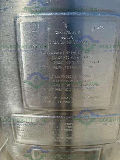 Used DCI 500 Liter Stainless Steel Jacketed Reactor 45 PSI w/ 0.5 HP Mixer