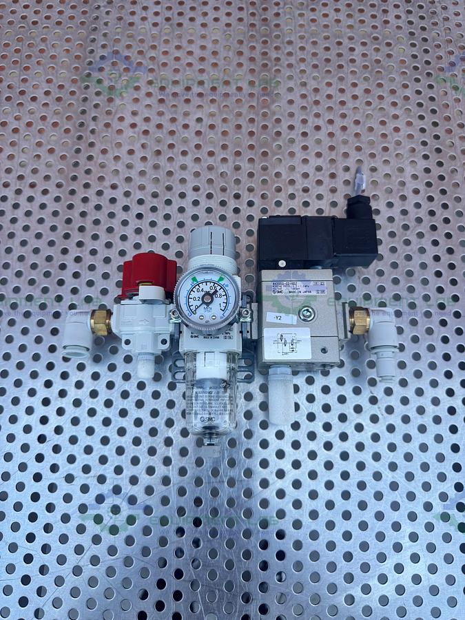 Used SMC AW20-02-A  Filter Regulator 0.05-0.7MPa w/ SMC Pneumatic / Solenoid  Valve