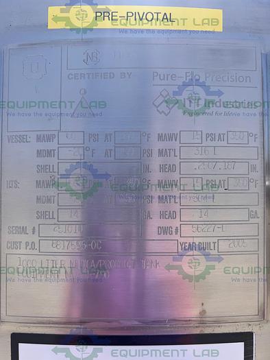 Used ITT  1000 Liter Stainless Steel Jacketed Reactor 60 PSI w/ Bottom Mag Mixer