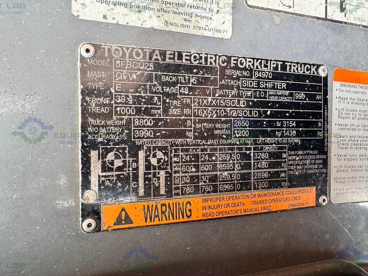 Used Toyota 8FBCU25 Electric Forklift  5000 lbs Capacity 4 Stage Mast w/ Charger