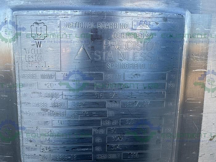 Used Precision Stainless 450 Liter Stainless Steel Jacketed Reactor 45 PSI