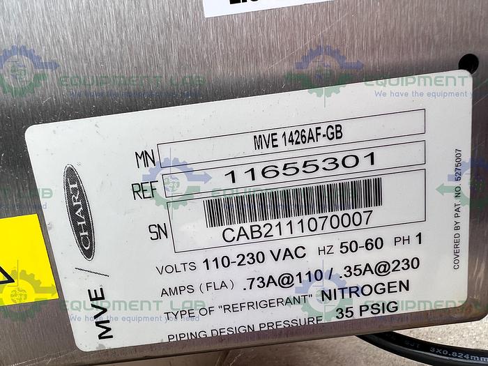 Used CHART MVE 1400 Series Liquid Nitrogen Cryogenic Storage Tank w/ TEC 3000