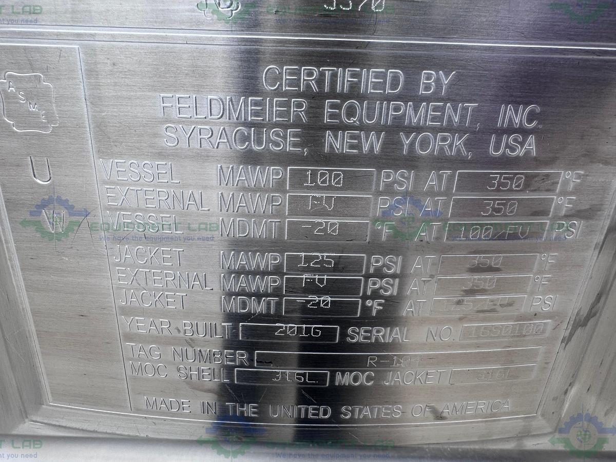 Used Feldmeier 400 Liter Stainless Steel Jacketed Reactor 100 PSI/FV w/ 3 HP Motor