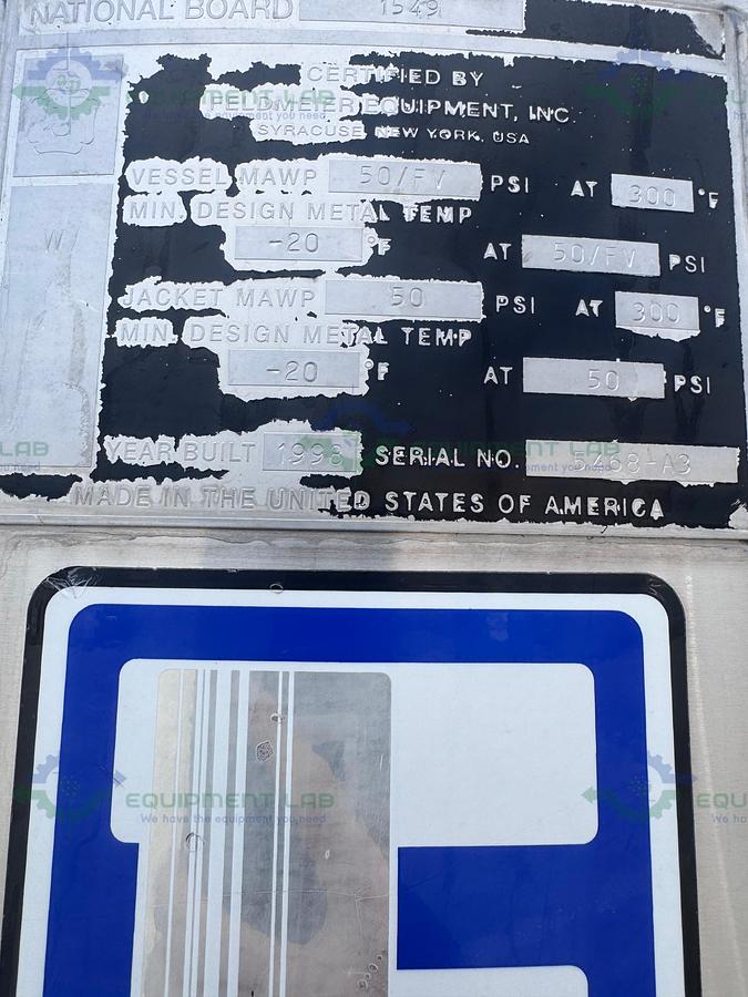 Used Feldmeier 1000 Liter Stainless Steel Jacketed Reactor 50 FV PSI w/ 0.5 HP Motor