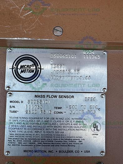 Used Micro Motion D6 Mass Flow Meter 2600 PSIG, -240 to 204°C