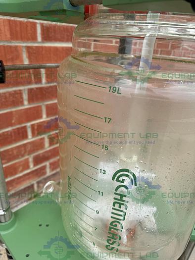 Used Chemglass 20 Liter Jacketed Glass Reactor w/ Optichem Overhead Stirrer