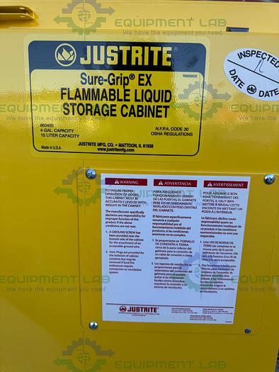 Used JustRite 4 Gallon Flammable Liquid Storage Cabinet w/ Soft Close Doors, Key