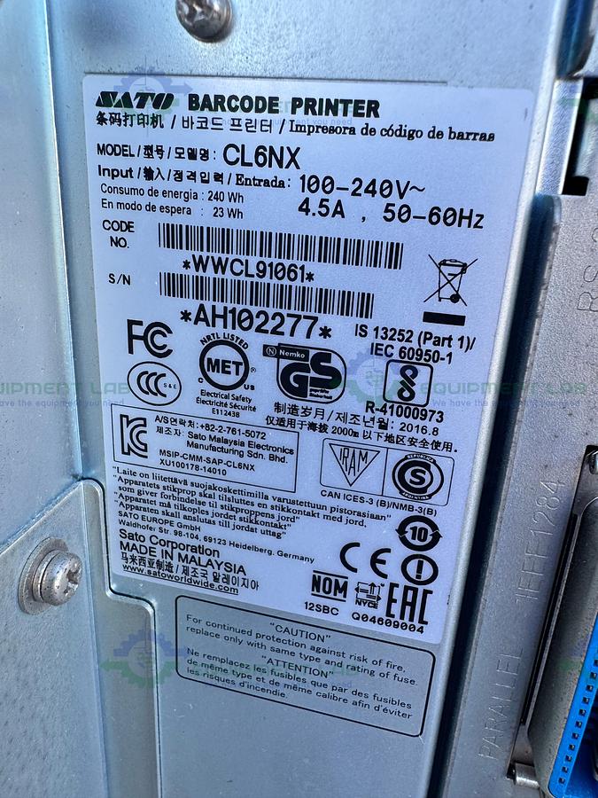 Used Sato CL6NX Thermal Barcode Label Printer 100-240V, 50-60 Hz