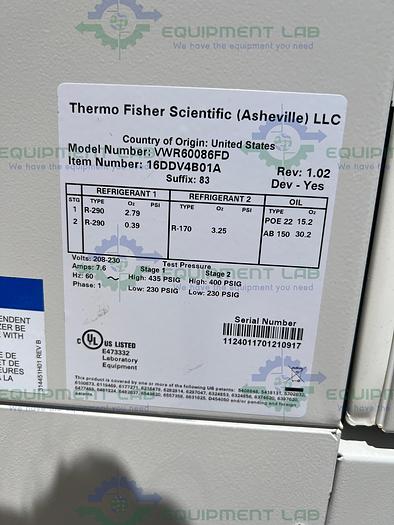 Used Thermo VWR60086FD Ultra-Low Temperature Freezer -86°C, 28.8 Cu.Ft. 208V MFG 2021