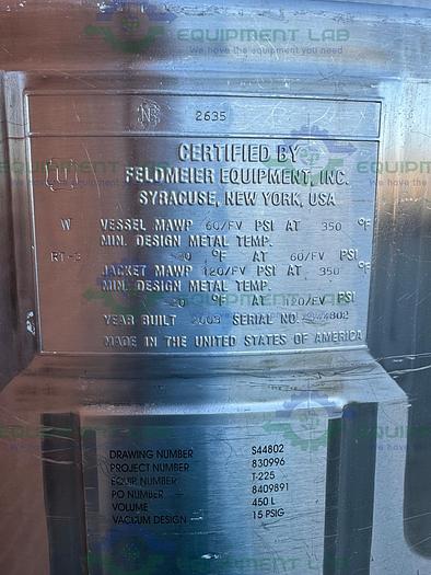 Used Feldmeier Equipment 450 Liter Stainless Steel Jacketed Reactor 120 FV PSI