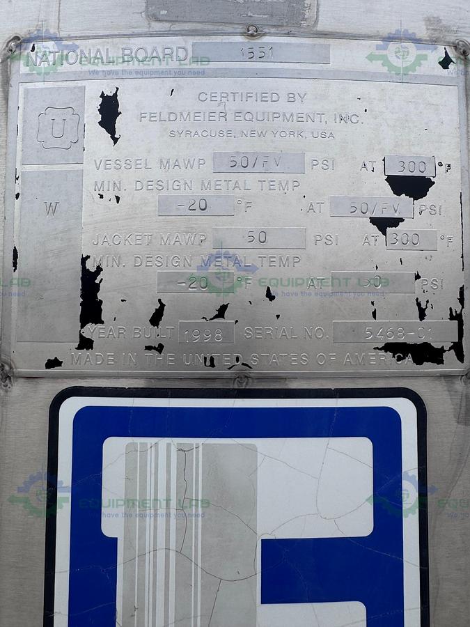 Used Feldmeier 1000 Liter SS Jacketed Reactor 50 FV PSI w/ VFD, 0.5 HP Bottom Mixer