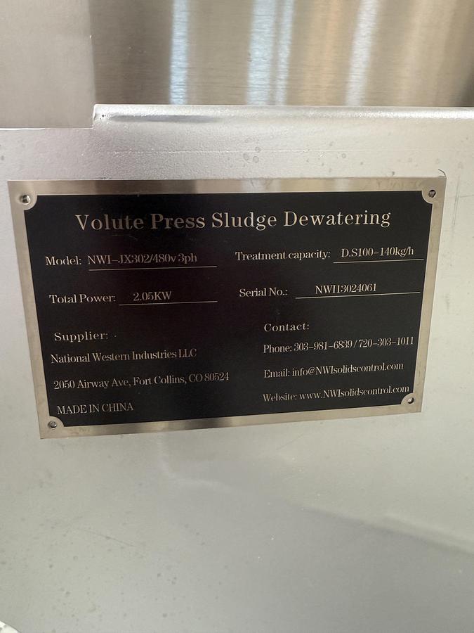 NWI JX302 Volute Press Sludge Dewatering System w/  Polymer  Dosing Unit MFG 26