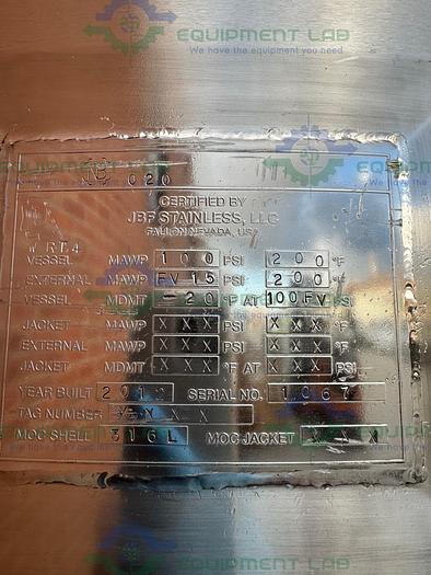 Used JBF Stainless  1000 Liter Stainless Steel Pressure Vessel Single Wall Tank