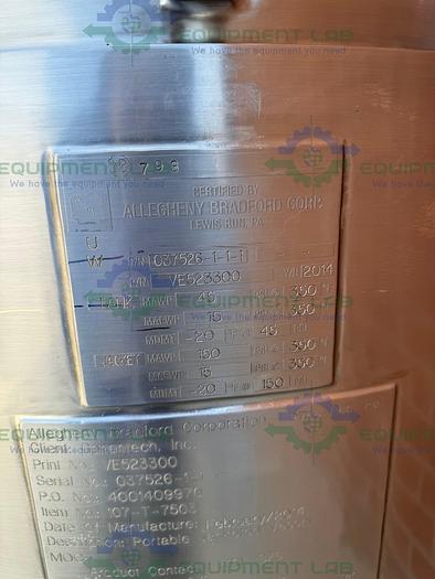 Used Allegheny 400 Liter Stainless Steel Jacketed Reactor 45 PSI w/ 5 HP Top Mixer
