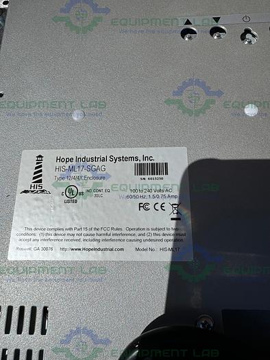 Used Hope Industries HIS-ML17-SGAG Touchscreen Monitor 100-240 VAC