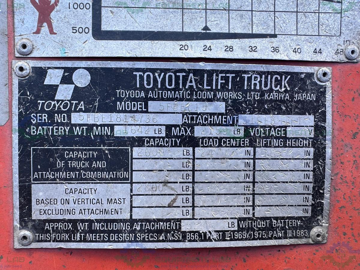 Used Toyota 5FBEC15 Electric Forklift  3000 lbs Capacity 3 Stage Mast