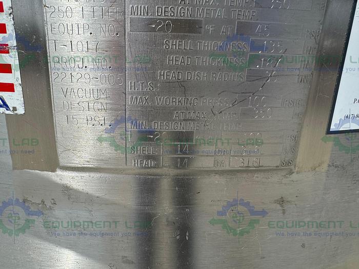 Used Precision 250 Liter Stainless Steel Jacketed Reactor 45 PSI w/ Lightnin Mixer.