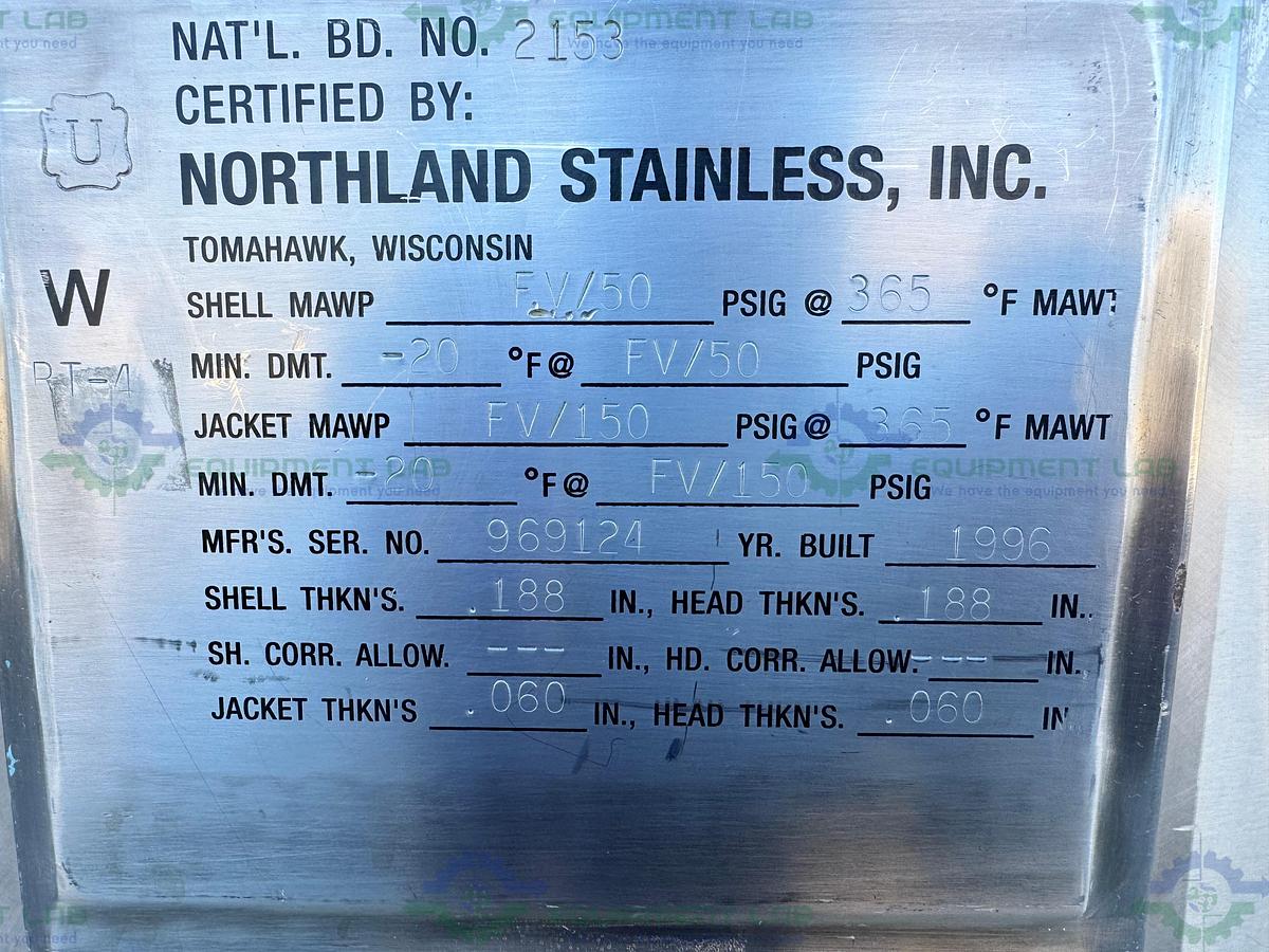 Used Northland 450 L  Jacketed Reactor FV/ 50 PSI  w/ Dual Mixer 3/4 HP, 1/3 HP, VFD