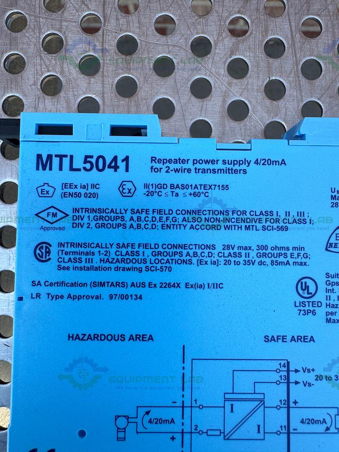 Used Measurment Technology MTL5041 Repeater Power Supply 4/20 mA, 250V