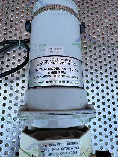 Used Cole Parmer  7553-20 Motor 6-600 RPM w/ Masterflex 7518-12 Easy Load Pump Head