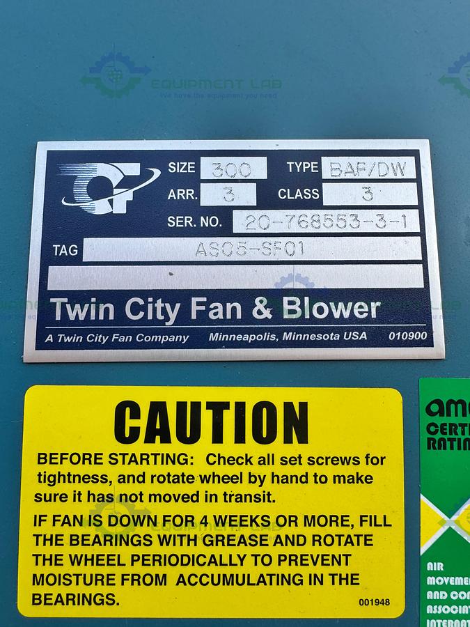 Twin City Fan & Blower BAF/DW Size 300 Air Foil Centrifugal Fan, AS05-SF01