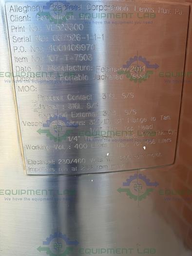 Used Allegheny 400 Liter Stainless Steel Jacketed Reactor 45 PSI w/ 5 HP Top Mixer