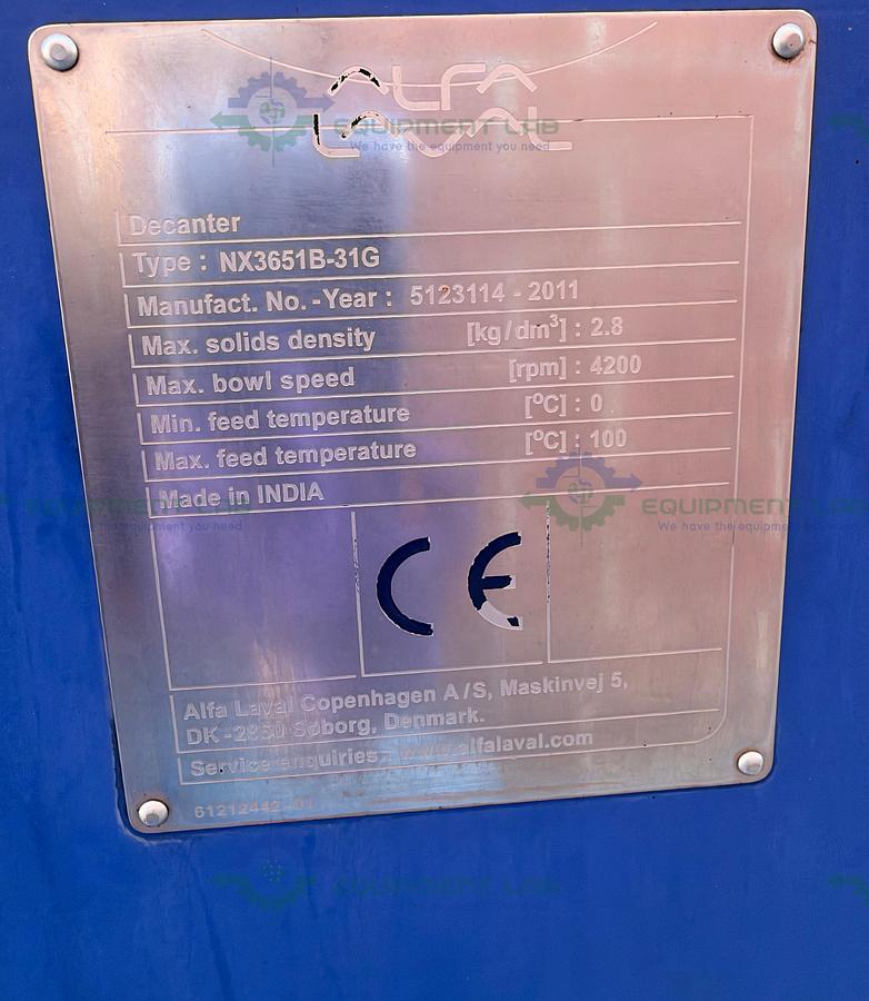 Used Alfa Laval NX3651B-31G Decanter Centrifuge 4200 RPM w/ Operator Panel