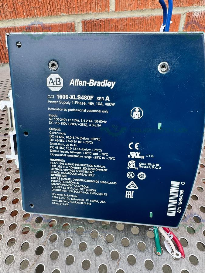 Used Allen Bradley 1606-XLS480F Series A Power Supply 100-240V, 480W , 1 PH, 48V, 10A