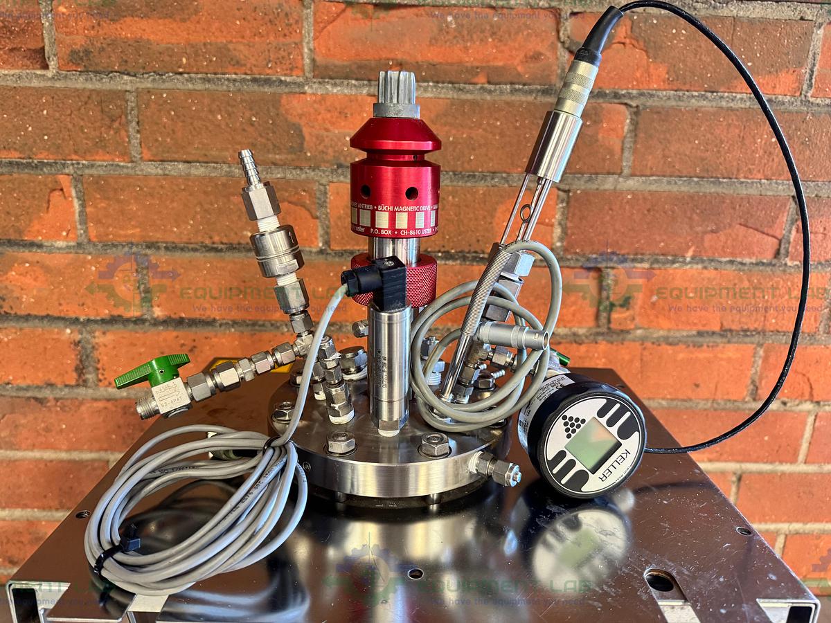 Used BuchiGlasUster Jacketed 0.8 Liter Glass Reactor, 6 Bar w/ Impeller