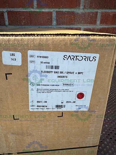 Lot of 10 - Sartorius FFB103653 FLEXBOY Bag 50L w/ Spout + MPC Inserts