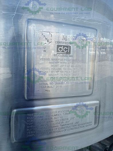 Used DCI  500 Liter Stainless Steel Jacketed Reactor 45 PSI w/ 0.5 HP Mixer