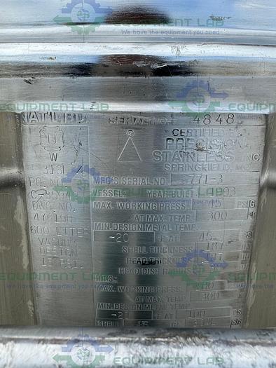 Used Precision Stainless 600 Liter Stainless Steel Jacketed Reactor 45 PSI