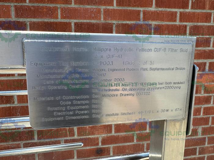 Used Millipore Stainless Steel Hydraulic Pellicon CUF-8 Filter Skid