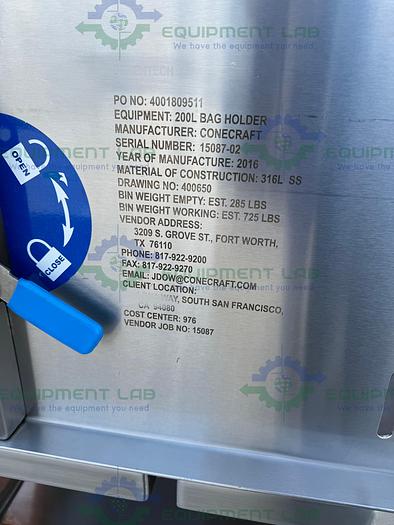 Used Cone Craft  Stainless Steel 200 Liter  Bag Holder / Storage Tank