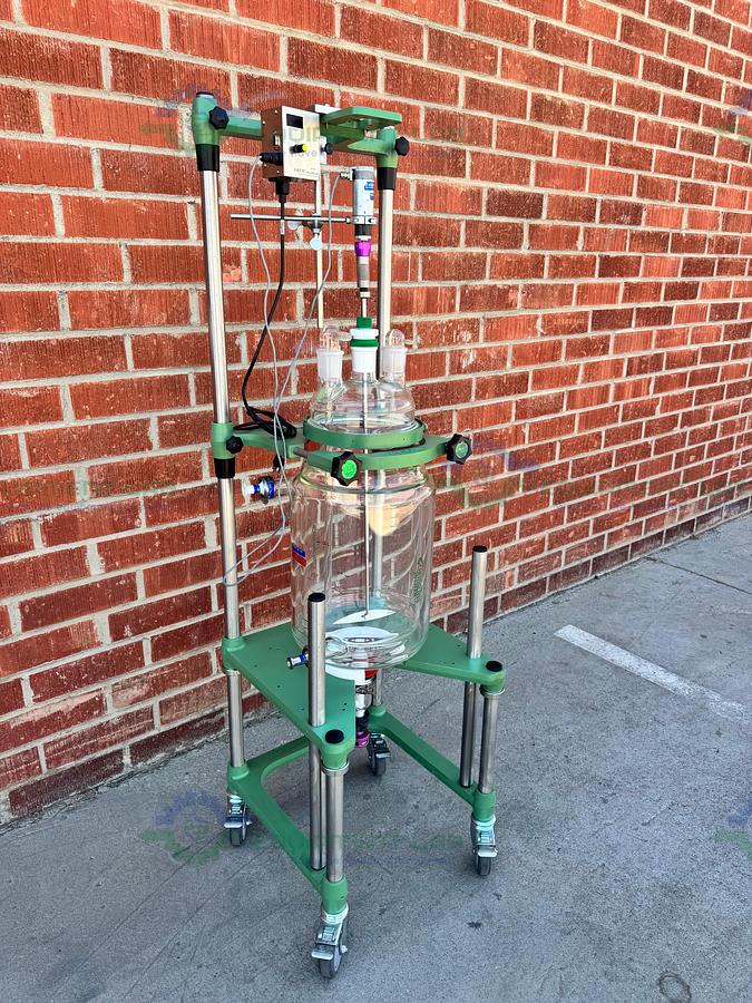 Used Chemglass 20 Liter Jacketed Glass Reactor w/ J-Kem Overhead Stirrer
