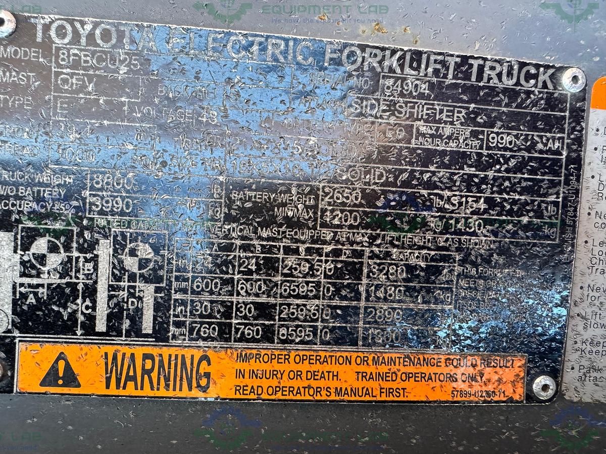 Used Toyota 8FBCU25 Electric Forklift 5000 lbs Capacity 4 Stage Mast w/ Charger