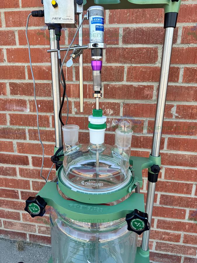 Used Chemglass 20 Liter Jacketed Glass Reactor w/ J-Kem Overhead Stirrer