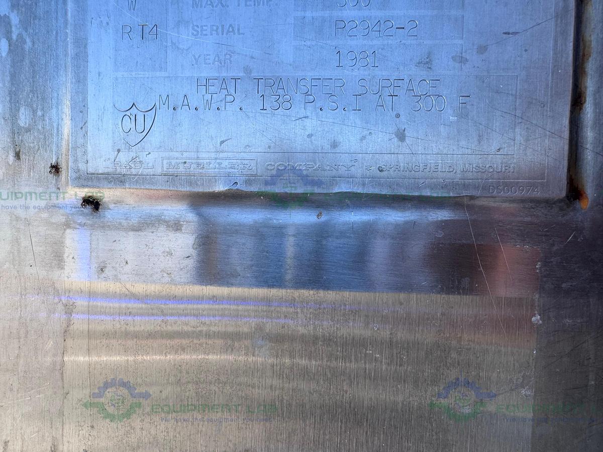 Used Paul Mueller 4500 Liter SS Jacketed Reactor w/ Agitator 25 PSI FV &138 PSI