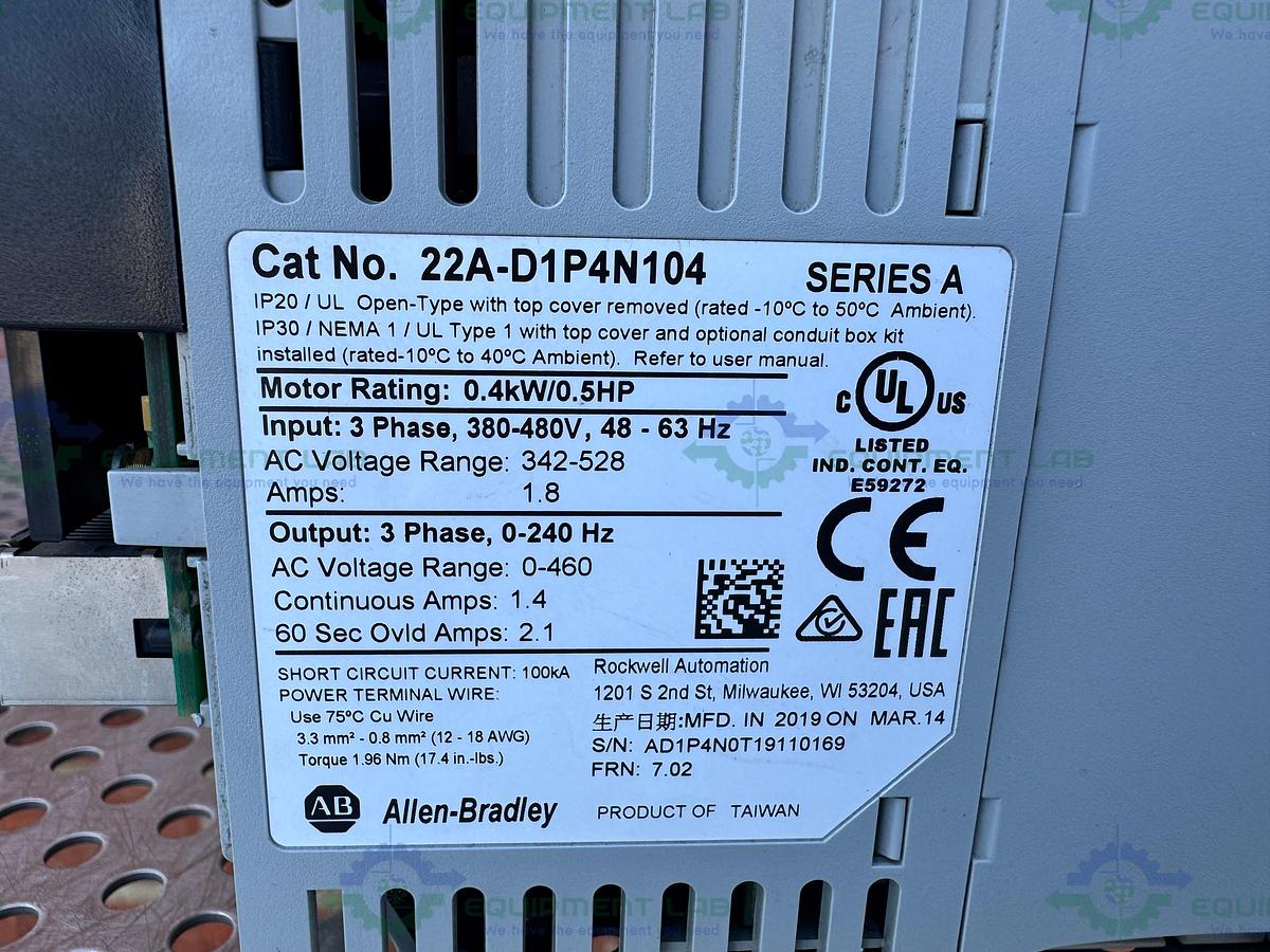 Used Allen Bradley Powerflex 4 22A-D1P4N104  Series A AC Drive 0.5 HP